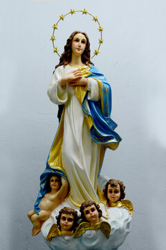 Close-up of Beautiful Statue of Our lady of grace virgin Mary located in the church, Thailand. selective focus.