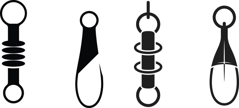 Four distinct black and white depicting fishing swivels and sinkers with various shapes including ribbed cylinders teardrops and ring attachments on a plain white background