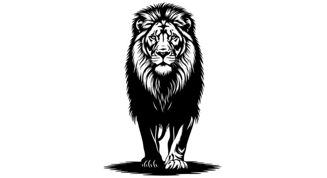 Powerful Black and White Lion Silhouette Portrait Facing Forward