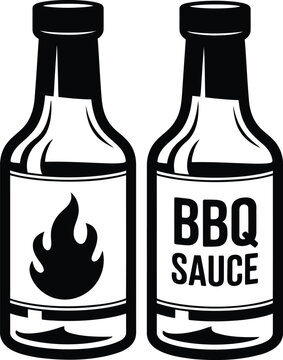 Two black and white glass bottles of barbecue sauce with one featuring a flame and the other displaying the text b q s a u c e in a bold sans serif font isolated on a plain white background