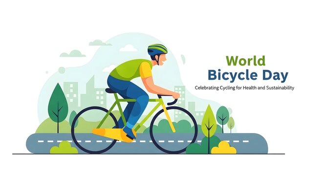 World bicycle day celebrating cycling for health and sustainability cyclist riding bike in city park green trees buildings background eco friendly transport