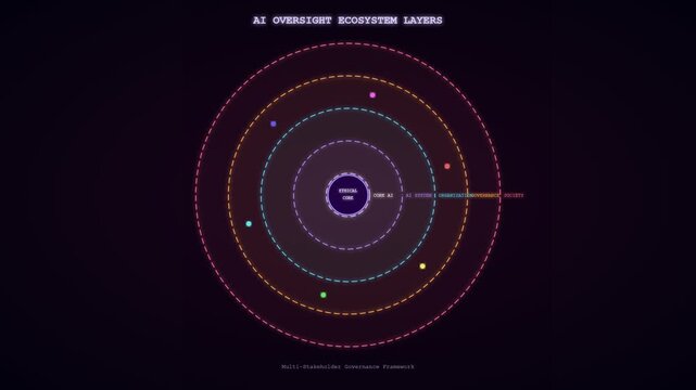 A captivating visual animation demonstrates the intricate development of Ethical AI Oversight ecosystem layers, featuring glowing concentric circles and diverse colored elements 