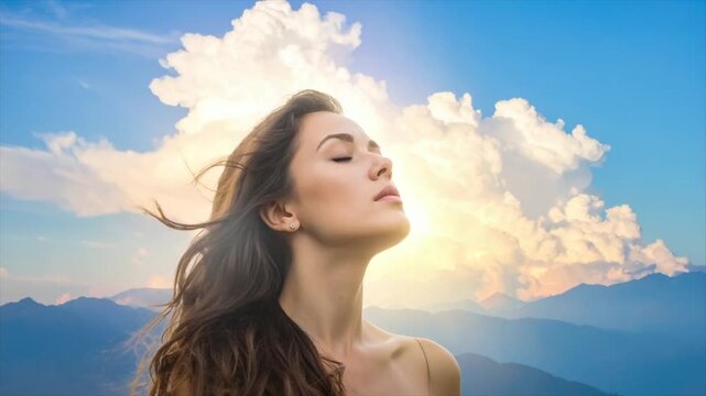 Woman with closed eyes and flowing hair gazes skyward beneath clouds and sun. Mountains in the background