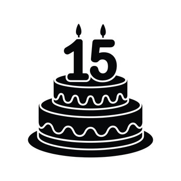 A black silhouette of a two tiered cake with fifteen candles on top