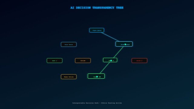 A futuristic digital animation showcasing Ethical AI Oversight through a glowing decision tree that maps complex algorithmic logic and transparency for corporate governance and accountability