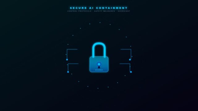 A futuristic digital interface illustrating Ethical AI Oversight through a glowing blue holographic lock symbol that secures a synthetic intelligence within a secure containment system