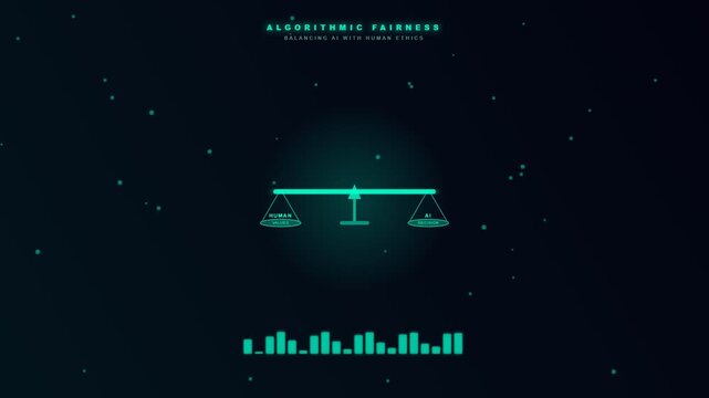A glowing futuristic scale representing ethical AI oversight balances human values against machine intelligence within a dark digital void to signify algorithmic fairness and justice