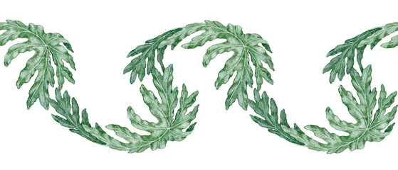 Tropical leaves seamless border of Philodendron Selloum watercolor botanical illustration. Hand drawn green foliage template with realistic plant texture. Nature indoor shrub garland for card design. © NadyaSaen 