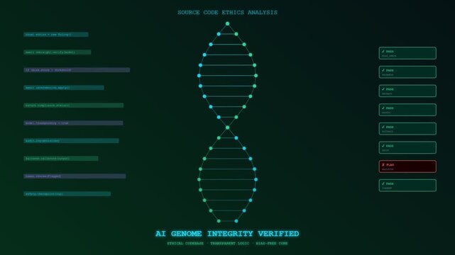 A cinematic animation showcasing Ethical AI Oversight through a digital genome scan where complex algorithmic structures are meticulously analyzed and verified for integrity in a futuristic interface