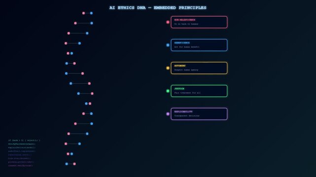 A sophisticated motion graphic depicting Ethical AI Oversight through a shimmering digital DNA helix that reveals foundational principles of responsible machine learning for global technology