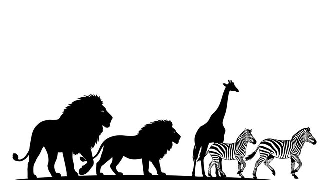 Safari Animals Silhouette: Lion, Giraffe, and Zebras Walking on White Background