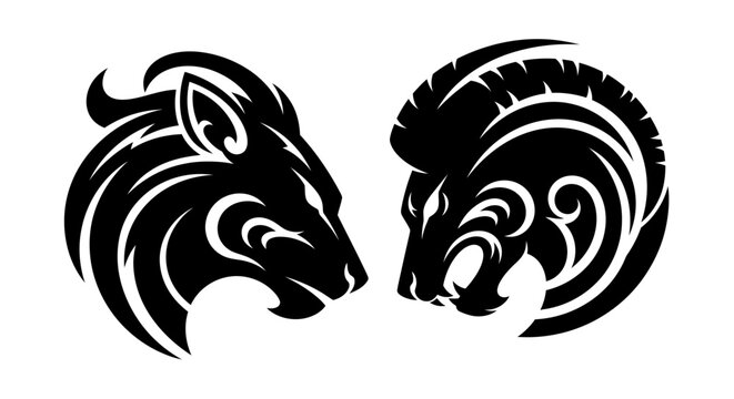 Tribal Lions Confrontation, Majestic Lion Head Silhouettes, Ferocious Roar, Tribal Art Style