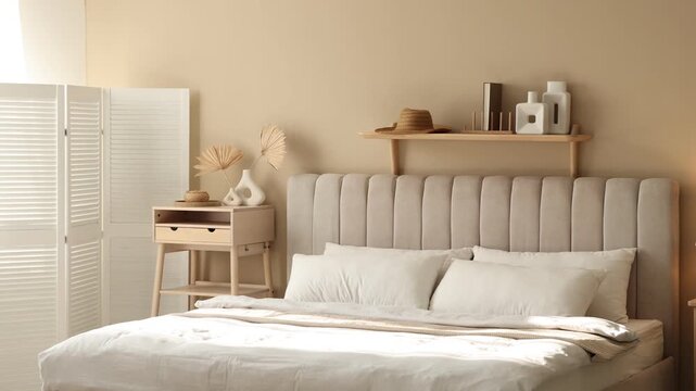 Comfortable bed with clean linens and bedside table in room. Camera moving right