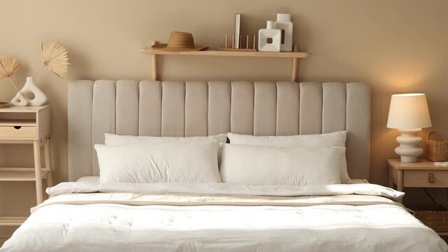 Comfortable bed with clean linens and bedside table in room. Camera moving up