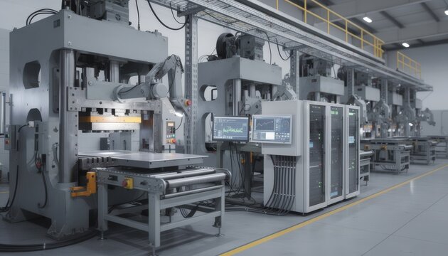 Medium shot showing a multiline stamping press setup with a centralized network monitoring system tracking runtime and performance data across machines.
