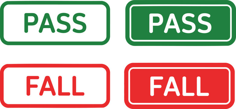 Four rectangular buttons with rounded corners featuring the words p a s and f a i l in green and red colors with both outline and solid fill variations on a plain white background