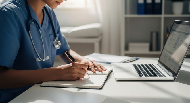 Healthcare professional takes notes in a notebook while working at a computer in a clinical setting.