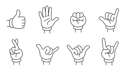 Fototapeta premium Cartoon Hands Gestures Set: Thumbs Up, Open Palm, Fist, Shaka, Crossed Fingers, Rock On