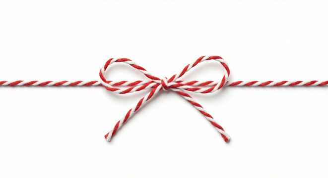 Red and white striped baker's twine tied in a bow, horizontal string isolated on white background

