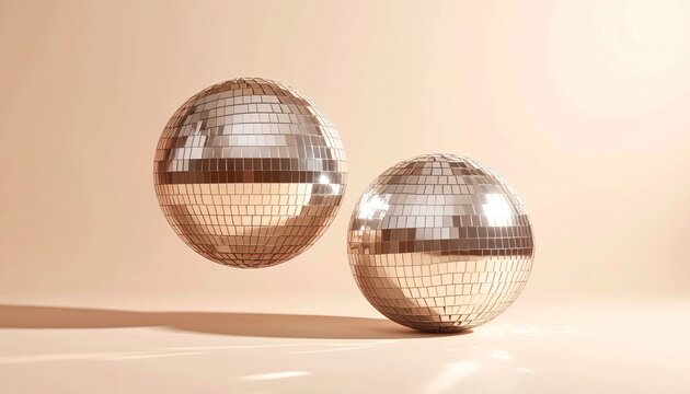 Two spherical objects made of mirrored tiles float against a beige background