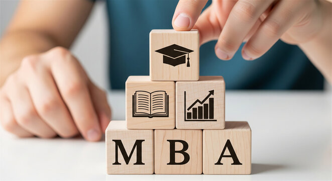 MBA degree wooden blocks with education icons, business management master degree concept, person stacking academic career cubes