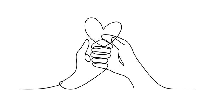 A minimalist single line drawing of two hands holding a heart representing unity and love together Vector, illustration