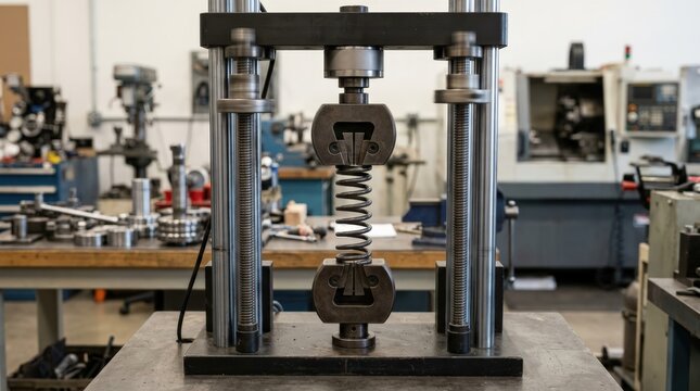 Side view of a tensile testing machine showing a spring under tension highlighting the motion of grips and elongation during the testing process.