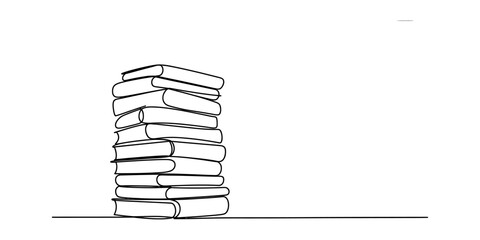 A simple black and white line drawing of a tall stack of books resting on a flat surface area. Vector, illustration © Badhon_Designer