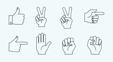 Fototapeta premium Hand Gestures Icon Set: Thumbs Up, Peace Sign, Pointing, Open Palm, Fist