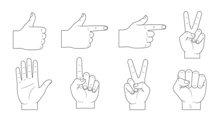 Fototapeta premium Hand Gestures Icon Set: Thumbs Up, Pointing, Peace Sign, Open Palm