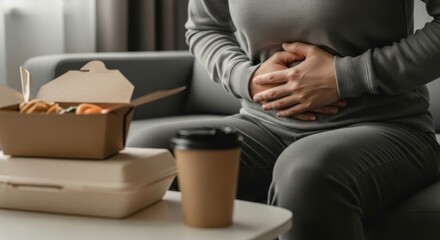 Fototapeta premium Person experiences stomach discomfort after eating takeout food at home.