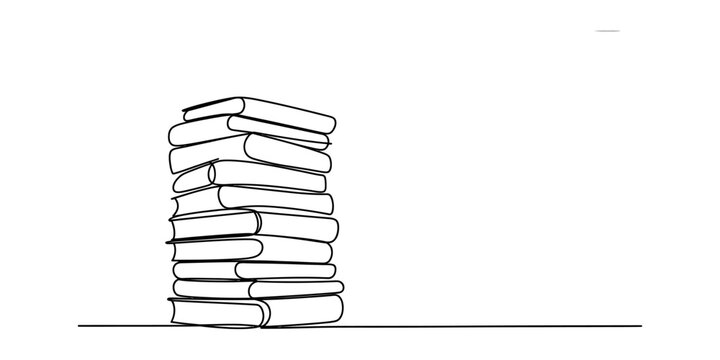 A simple black and white line drawing of a tall stack of books resting on a flat surface area. Vector, illustration