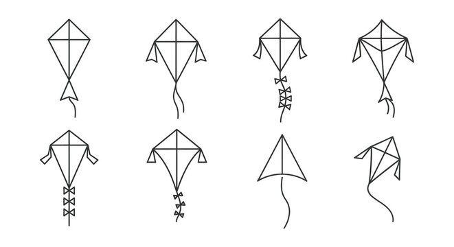 Collection of various kite designs in a simple black silhouette