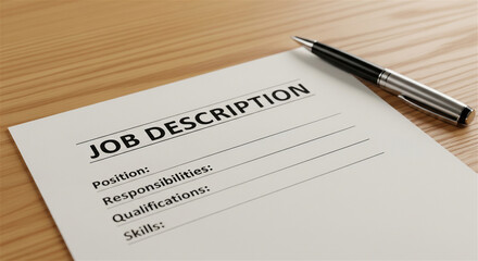 Obraz premium Job description document on wooden desk, employment recruitment form with pen, professional hiring and career opportunity paperwork