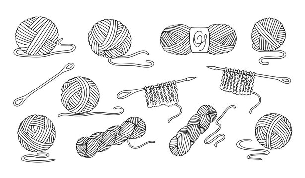 Minimal knitting yarn doodle icon collection hand drawn thread ball and skein craft supply line vector set