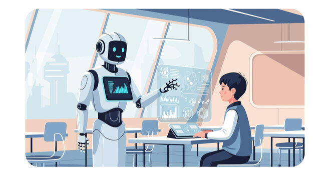 Robot teaching student in futuristic classroom with interactive screens, AI education concept