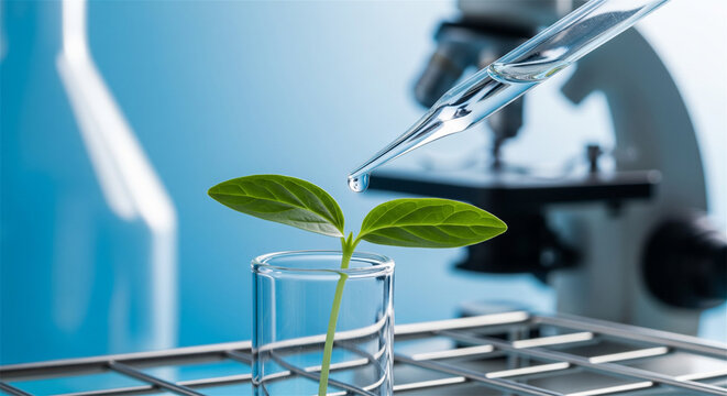 Scientific plant biotechnology research, green sprout in laboratory test tube, pipette dripping liquid on young seedling in lab setting