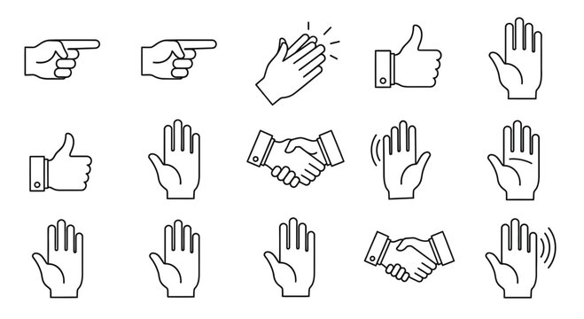 Set of hand gesture icons: pointing, clapping, thumbs up, handshake, waving