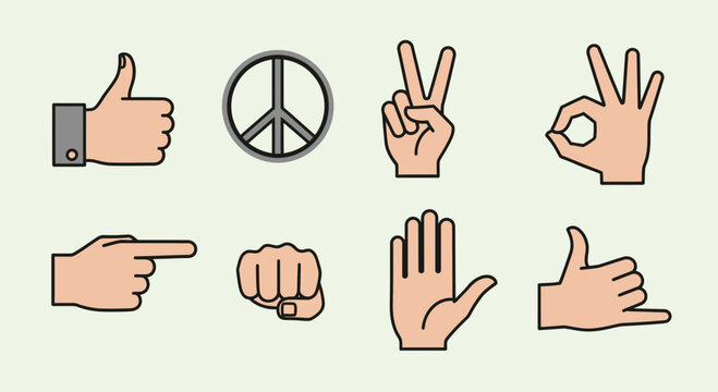 Set of Hand Gestures and Peace Symbol Icons on Light Background