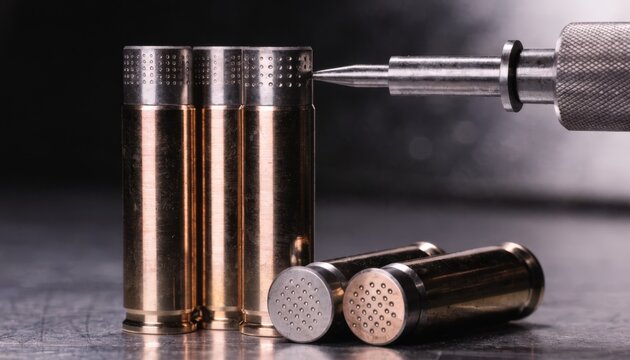 Medium shot showing dot peen engraving tool imprinting distinctive identifiers on cartridge case heads highlighting mechanical impact technique.