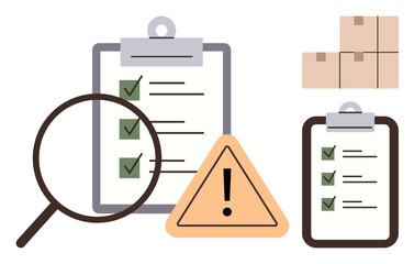 Plakat Quality control, logistics, warehouse management, risk assessment, supply chain, project tracking. Clipboards with checklists, warning symbol and stacked boxes. Quality control and logistics concept