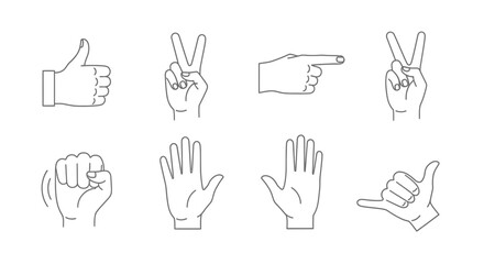 Fototapeta premium Set of Hand Gestures Line Art Icons: Thumbs Up, Peace Sign, Pointing, Fist, Open Palms