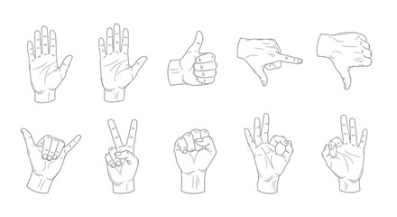 Fototapeta premium Set of Hand Gestures Line Art Icons: Thumbs Up, Down, OK, Peace, Fist, Rock On