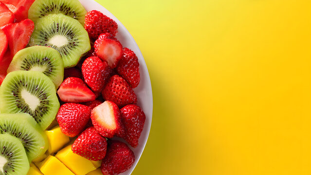 Colorful fresh fruit platter with kiwi, strawberries, and mango slices, shot from overhead with vibrant natural lighting and empty space for text, ideal for healthy eating campaigns or menu design