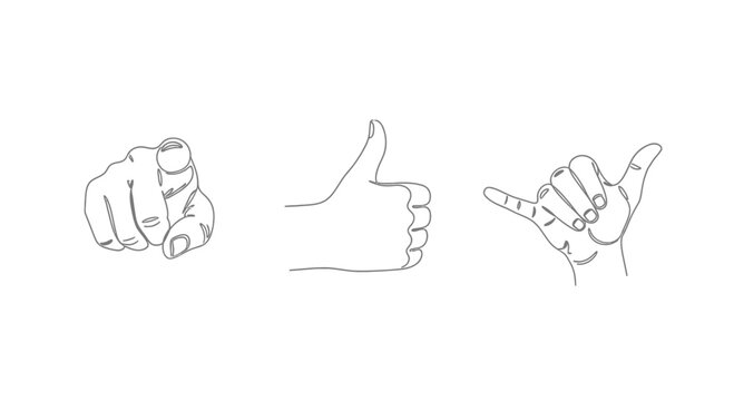 Three Hand Gestures: Pointing Finger, Thumbs Up, Shaka Sign - Line Art