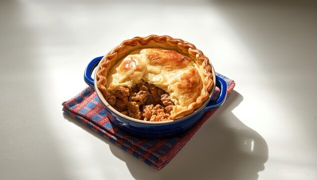 A beef pie with a golden crust in a blue dish on a checkered napkin, casting a shadow.