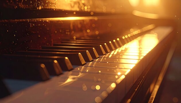 Golden Hour Sunlight Reflecting on Piano Keys.