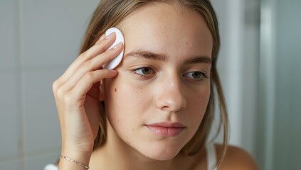 Naklejka premium A teenager cleans acne on their forehead with a cotton pad.