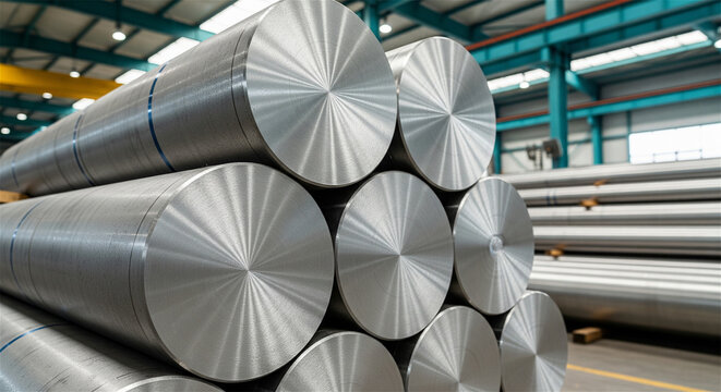 Industrial aluminum cylinders stacked in factory, heavy metal round bars in warehouse, shiny steel billets for manufacturing and construction
