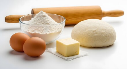 Fototapeta premium Baking Ingredients Flour Eggs Butter Dough and Rolling Pin Preparation for Baking Recipes and Pastry Preparation Food Styling Still Life